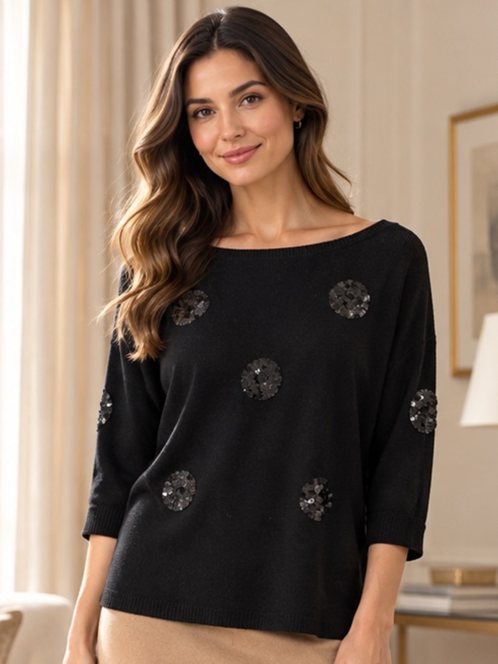 New York & Company Black Sequin Dot Dolman Sweater Top Size S